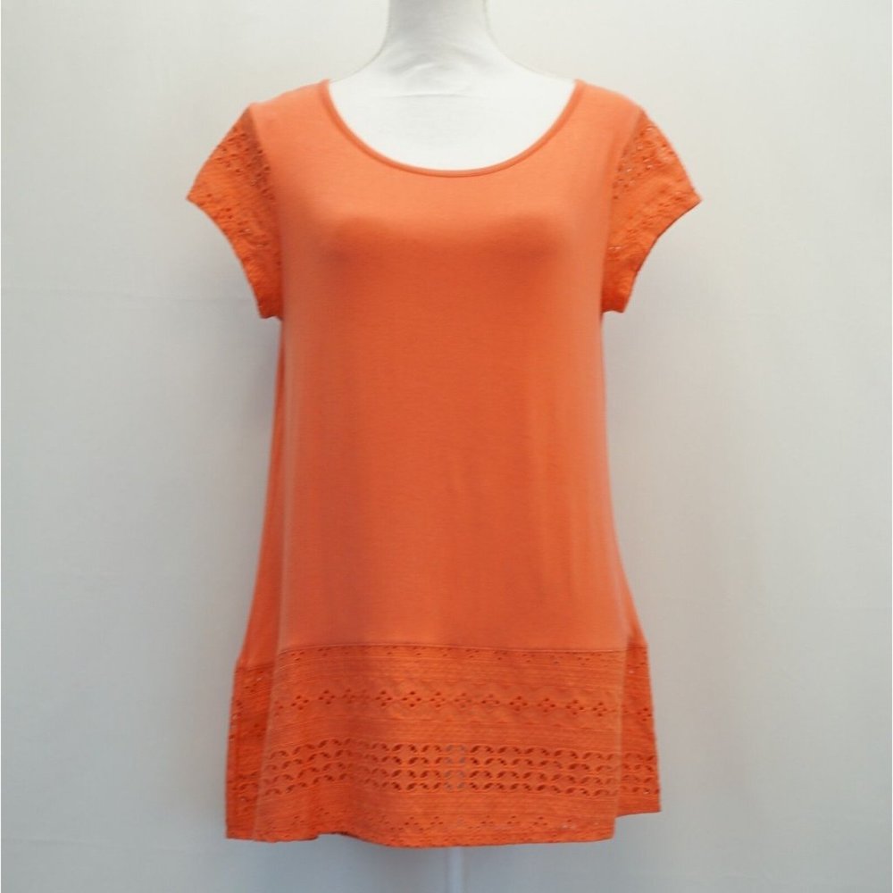 Joseph A Womens Top Coral M Lace Cap Sleeve Lace High Low Hem Knit Shirt - Picture 1 of 5